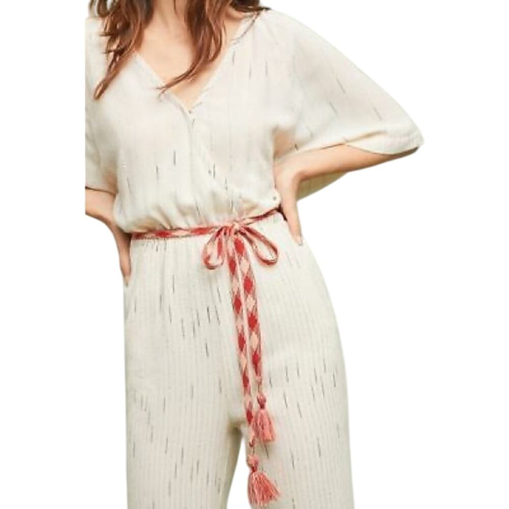 Anthropologie Cream Jumpsuit with Red Belt